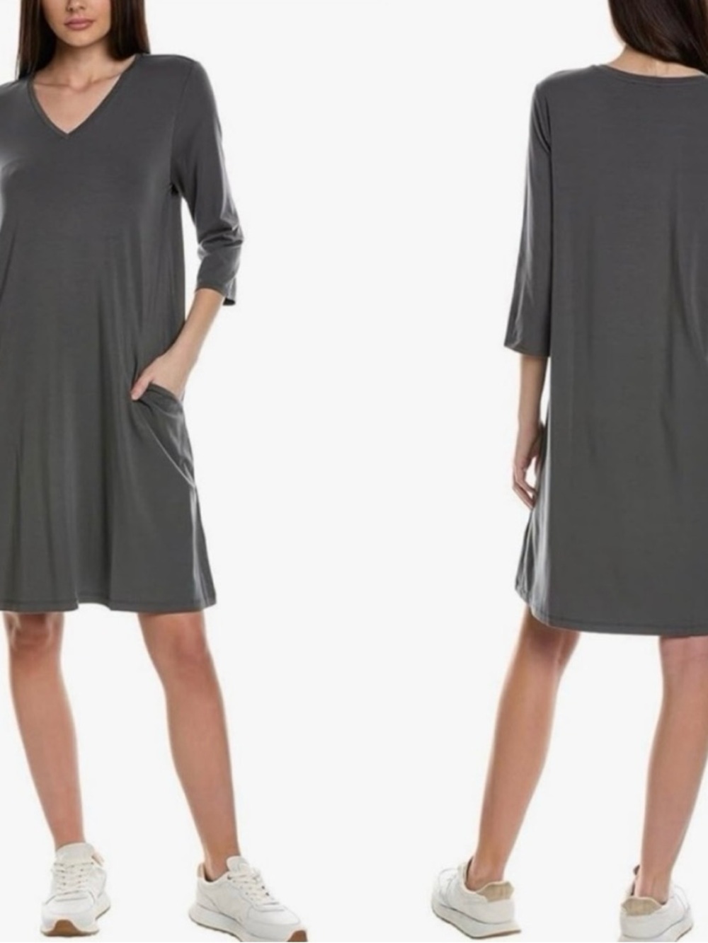 Eileen Fisher V-Neck 3/4 Sleeve Pocketed Waist-less Dress Size L